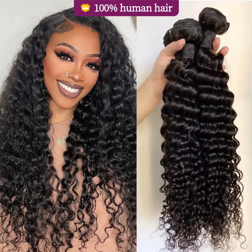 Deep Wave Brazilian Remy Human Hair Bundles | 100% Human Hair 90-100g/Bundle | Natural Color | 12-32 Inch | 1, 3 & 4 Pcs | Fast Delivery France