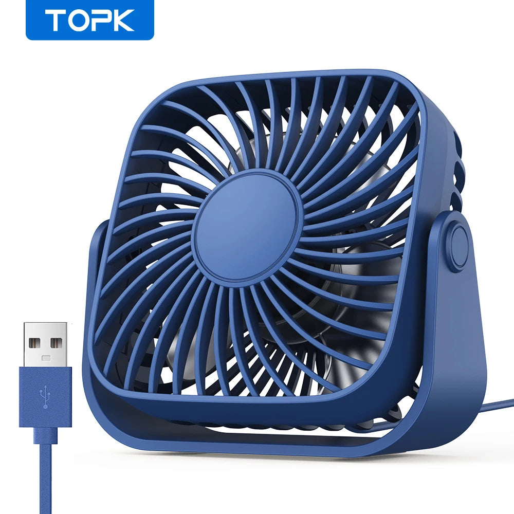 TOPK K52 USB Mini Portable Desk Fan – 4 Inch, 5W, 3 Speeds, 360° Adjustable | CE RoHS | 5 Colors: Purple, Blue, Black, White, Pink | For Home & Camping