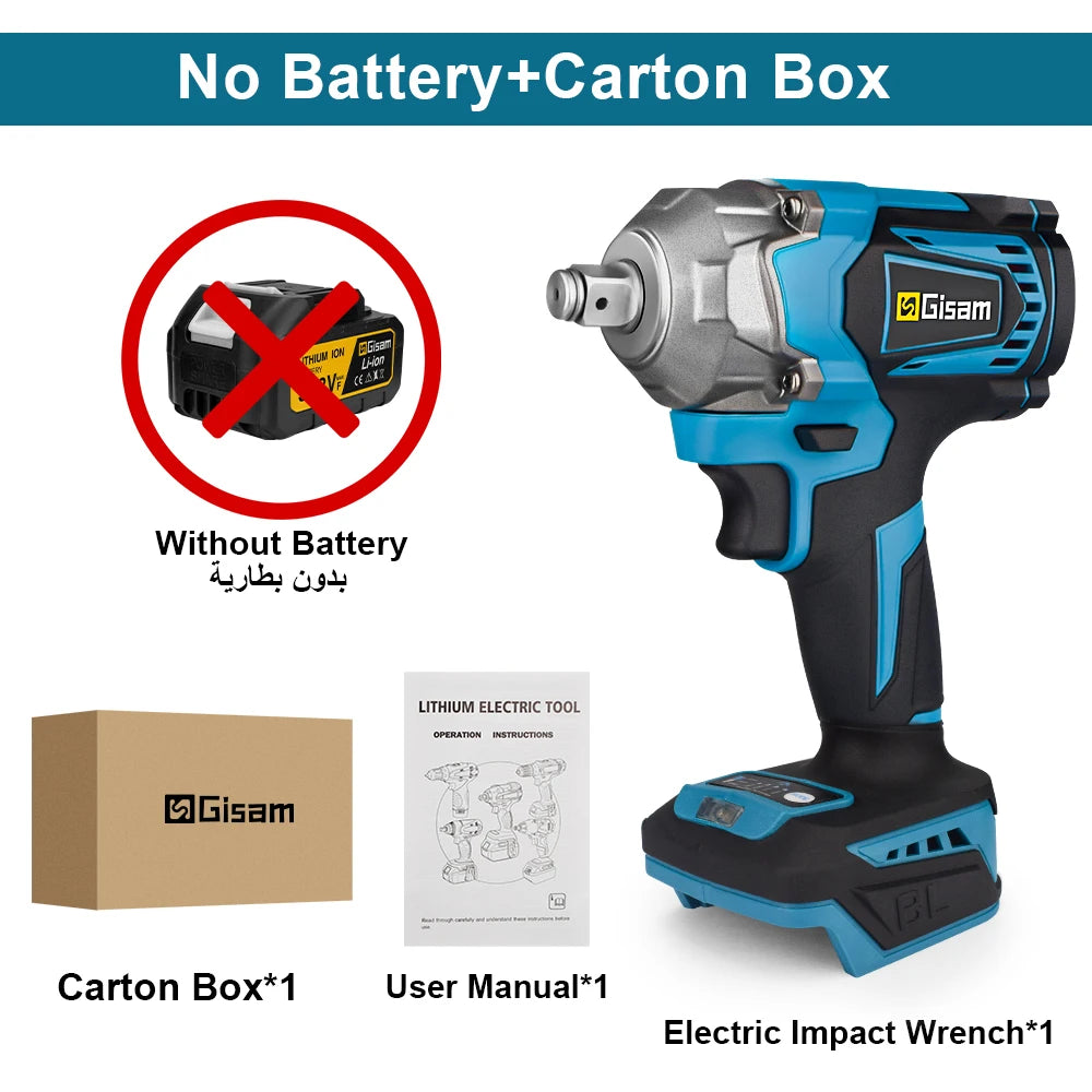Gisam 1200N.m Brushless Electric Impact Wrench – 1/2 inch, 18V, Makita Compatible | 5 Battery Configs | Ships from 11 Countries | CE | 2.99kg