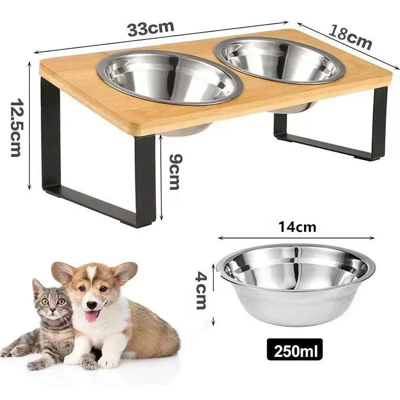 Elevated Cat Bowls, Set of 2 Stainless Steel, 15° Tilted Wooden Stand, Anti-Vomiting, Anti-Slip, Cats & Puppies