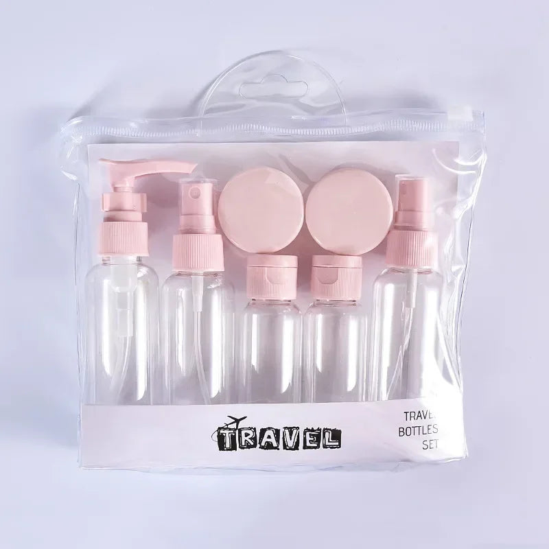 7Pcs Portable Travel Bottle Set, 80ml, 60ml & 10g, Refillable, PP/PET/PVC, 8 Colors, Ideal for Shampoo, Skincare & More
