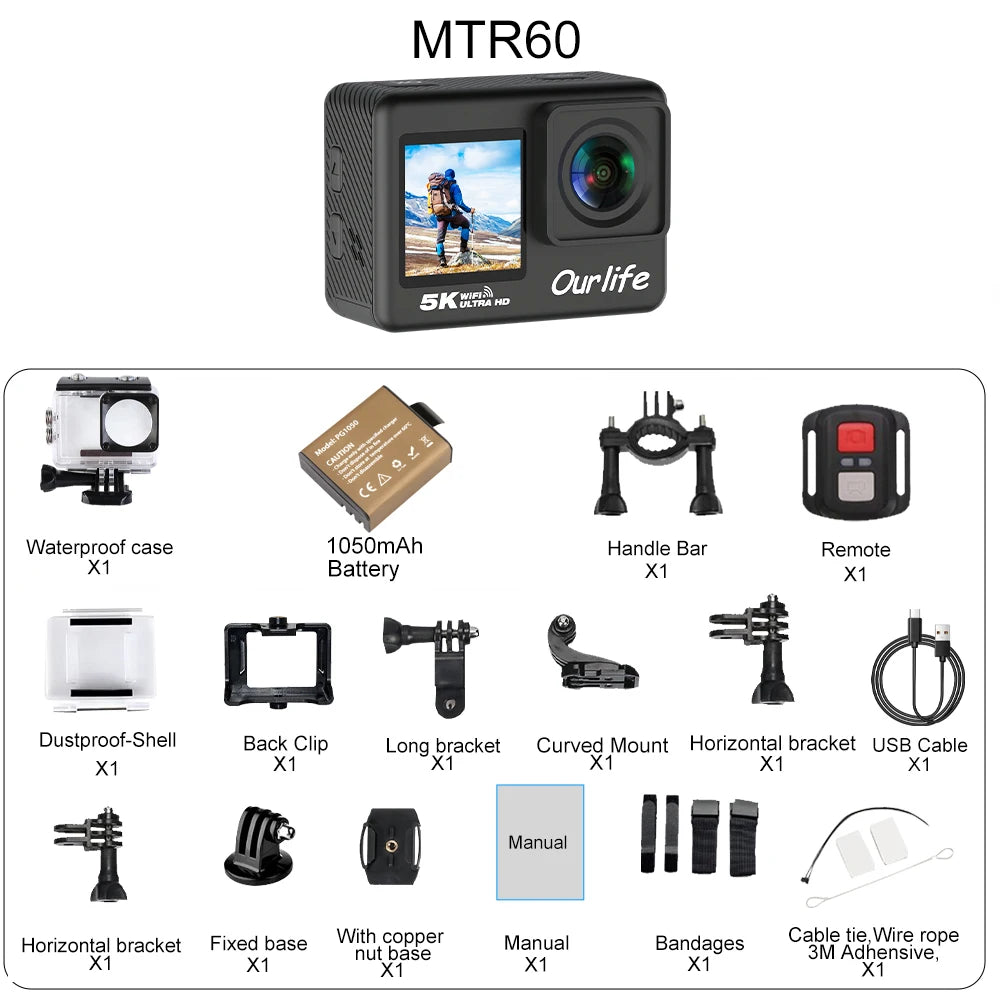 OURLIFE MTR60 / MTR60 Pro 5K Action Camera – 4K 60fps, 25MP+, EIS, 2" Touch Screen, 170°, 30M Waterproof, WiFi, Remote, up to 256GB