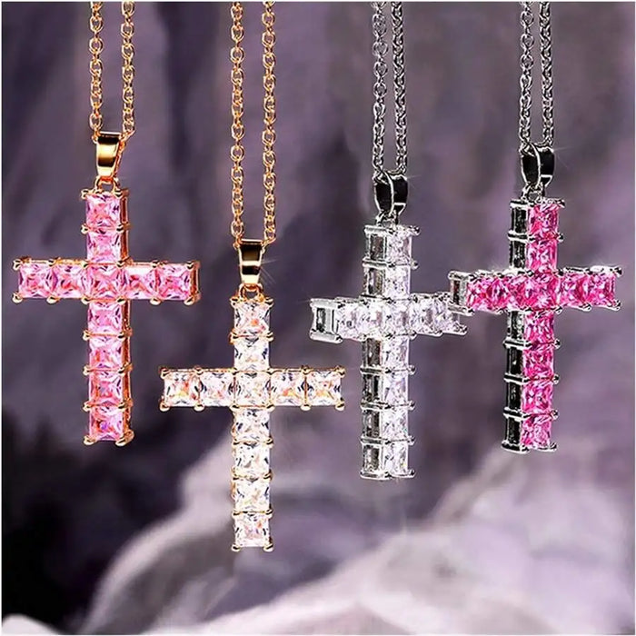 Crystal Cross Pendant Necklace, Unisex, Zinc Alloy, 45cm, 4 Color Options (Gold & Silver), Cute Romantic Style, Party Jewelry
