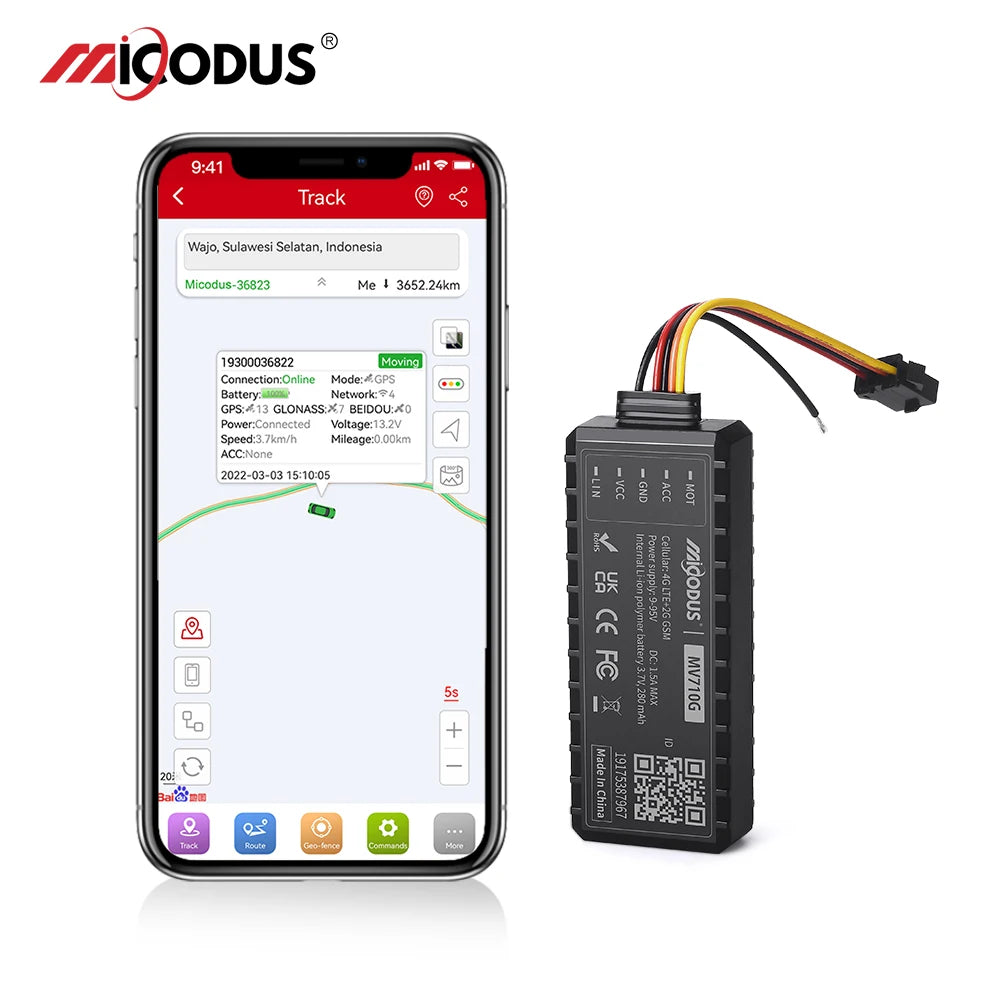 MiCODUS MV710G 4G GPS Car Tracker with Relay – 9–90V, Fuel Cut-Off, Vibration & ACC Alerts, Remote Control | CE/RoHS | 139g