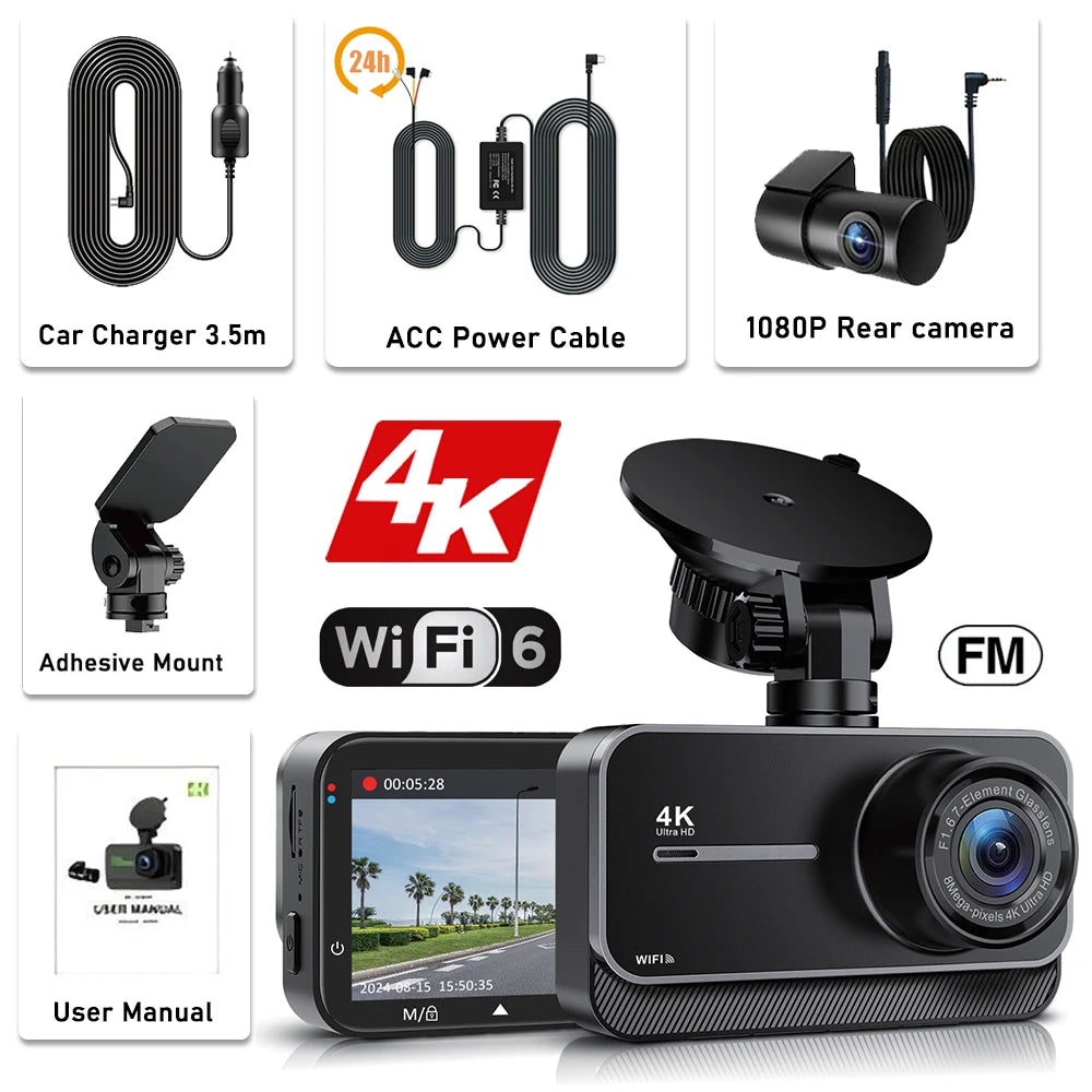 4K Dual Dashcam – Sony IMX335, F1.6, 170°, WiFi, Night Vision, 24H Parking Mode, Loop Recording, up to 256GB SD, Front & Rear