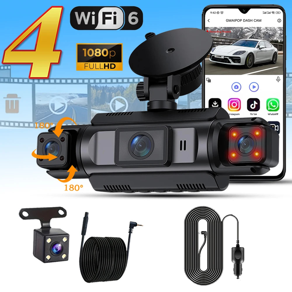 4-Channel WiFi Dashcam – FHD 1080P, Front/Left/Right/Rear, Sony IMX307, 170°, Night Vision, Loop Recording, 32GB/64GB/128GB SD