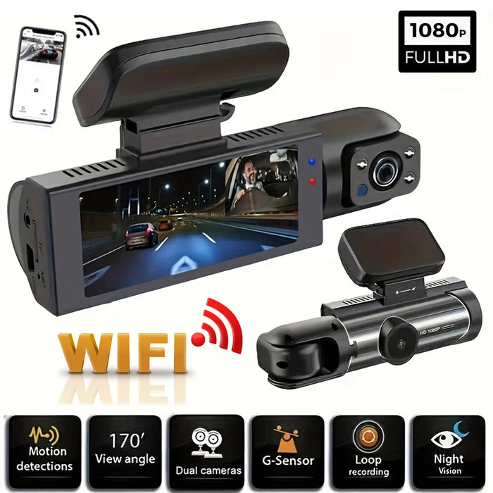 Dual Lens WiFi Dashcam – 1080P FHD, Front & Interior, IR Night Vision, 170°, Loop Recording, G-Sensor, 32GB/64GB SD, Framefox App