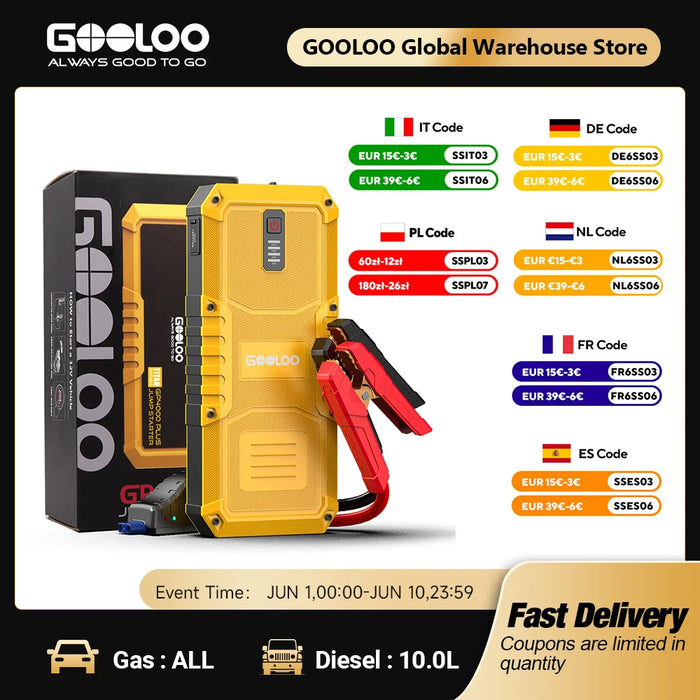 GOOLOO 4000A Start Power Bank 20000mAh Jump Starter Car Booster External Battery 12V Starting Device for Petrol Diesel Powerbank