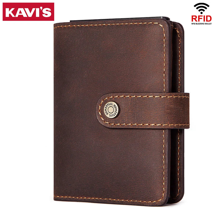 KAVI'S Genuine Cow Leather Pop-Up Card Holder Wallet BP944 – RFID, Zipper | 3 Colors: Coffee, Black, Brown | With or Without Gift Box | Men