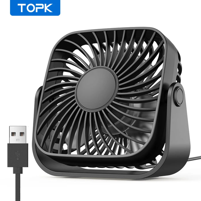 TOPK K52 USB Mini Portable Desk Fan – 4 Inch, 5W, 3 Speeds, 360° Adjustable | CE RoHS | 5 Colors: Purple, Blue, Black, White, Pink | For Home & Camping