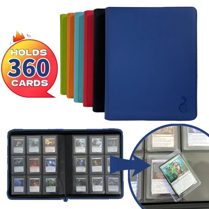 9-Pocket Toploader Card Binder – Holds 360 Cards in 3x4" Sleeves | Trading & Sports Cards | Zipper | 6 Colors: Dark Blue, Black, Orange, Red, Grass Green, Sky Blue