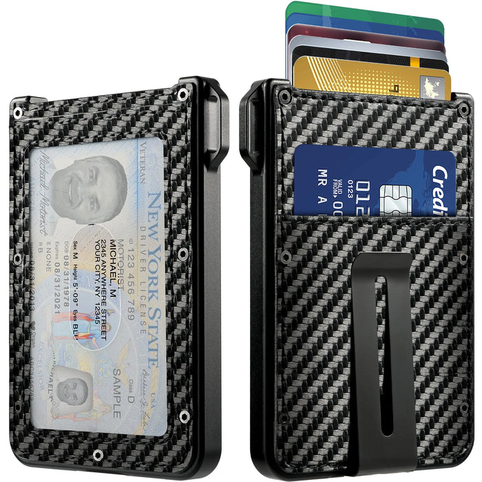 vgucki Aluminum Slim Card Holder Wallet VG-09 – RFID Blocking, Holds 10 Cards, Cash Clip, Clear ID Window | 2 Colors: Carbon Fiber, Dark Brown | Men