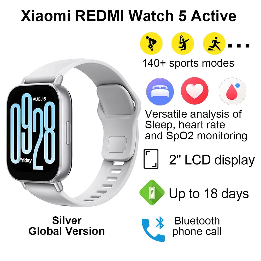 Xiaomi Redmi Watch 5 Active – 2" LCD, 18-Day Battery, Heart Rate, Blood Oxygen, Bluetooth 5.3, Waterproof