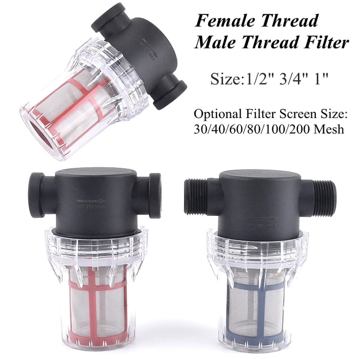 SgooHan Garden Water Filter Strainer – 1/2", 3/4", 1" Male & Female | 30–200 Mesh | 42 Variants | 0–1.0 MPa | 2–80°C | PU Plastic