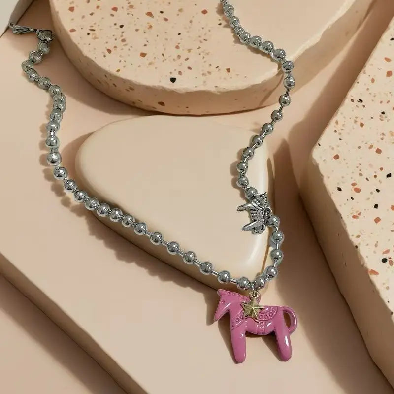 Enamel Horse Pendant Necklace for Women, Silver Plated Zinc Alloy, Link Chain, 5 Colors, REACH Certified, Party & Daily Wear