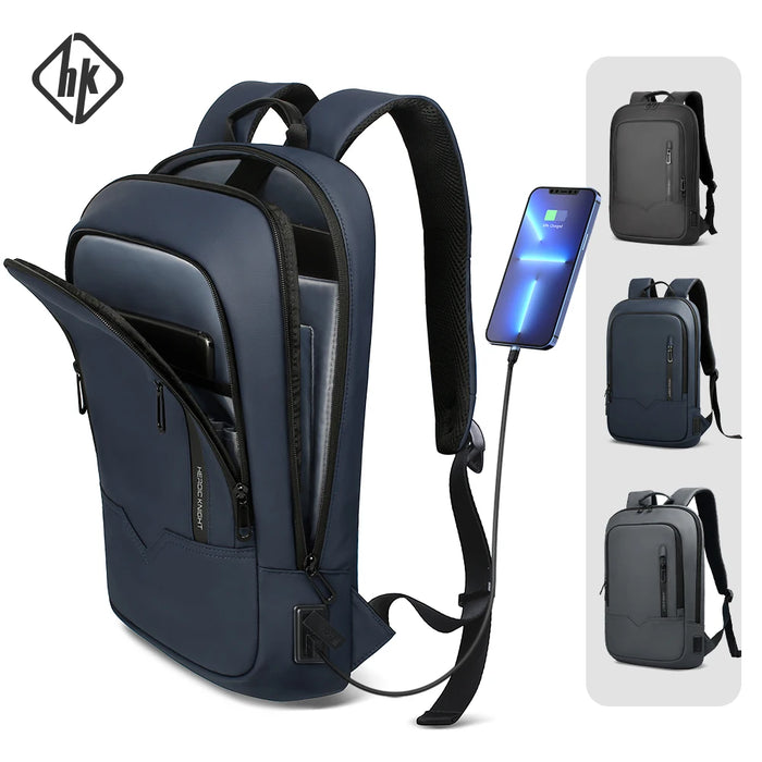 HK Slim Laptop Backpack – 15.6", 20–35L, Waterproof Oxford, USB Charging Port, Multiple Compartments, Unisex Business & Travel Bag, Black/Blue/Dark Grey