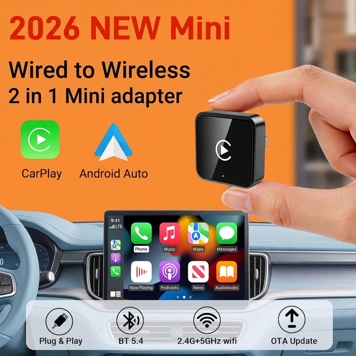 HANG JING 2-in-1 Wired to Wireless CarPlay & Android Auto Adapter – Plug & Play, 5GHz Wi-Fi Fast Connect