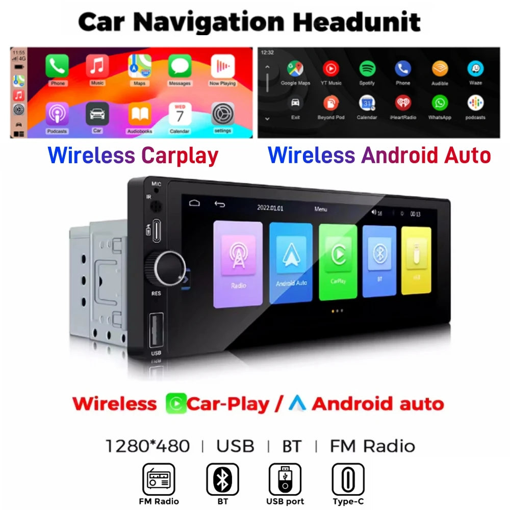 ANYFAR 6.86 1-DIN Car Radio with Wireless CarPlay & Android Auto – 1280x480 Touchscreen, FM, Steering Wheel Control, Reversing Input