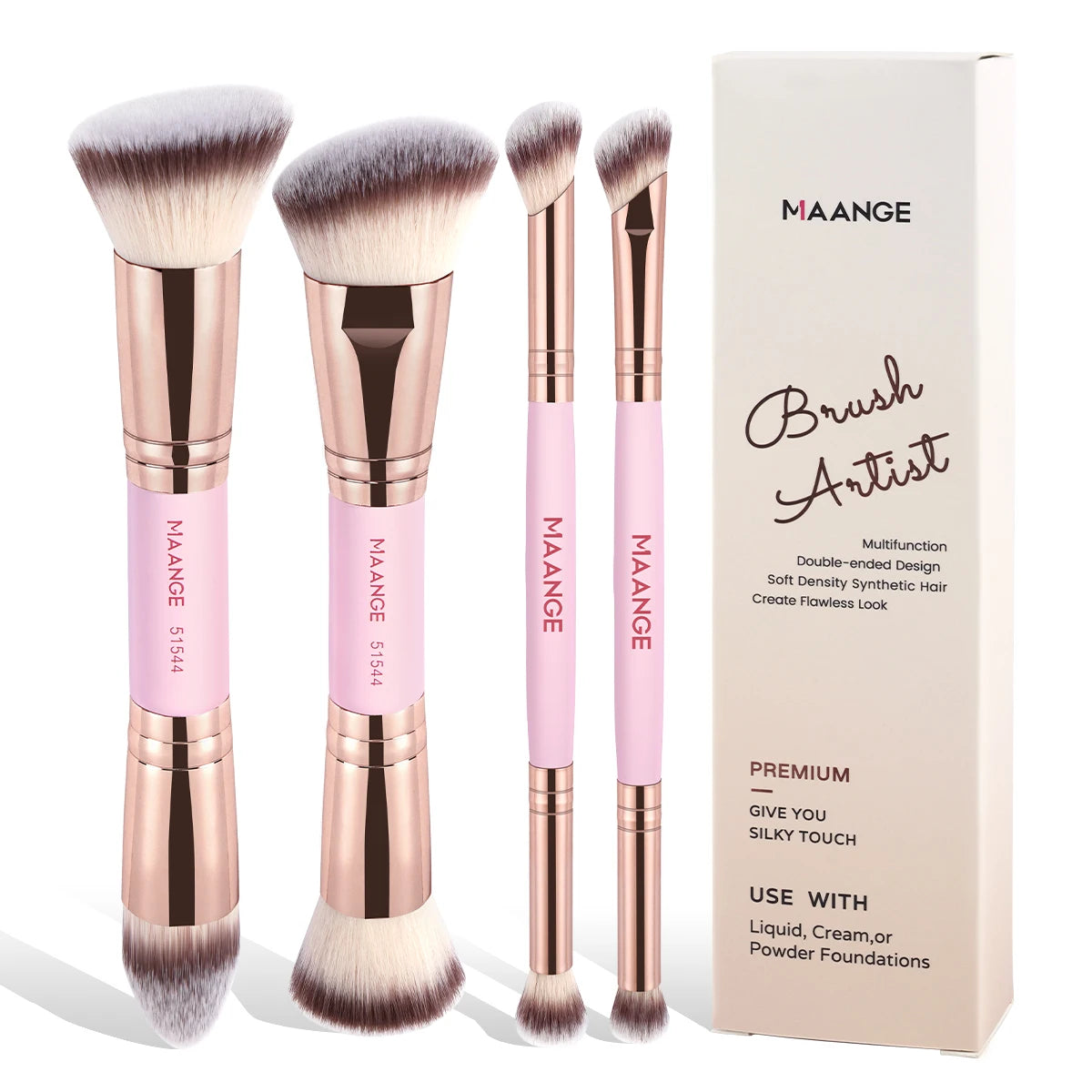 MAANGE 4-Piece Makeup Brush Set with Box – Dual-Ended Synthetic Hair, Wooden Handle, Foundation, Powder, Blush & Eyeshadow, Beginner & Travel, 4 Colors