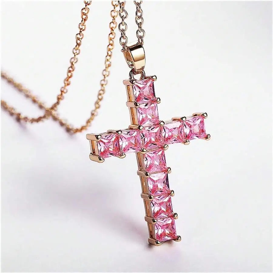 Crystal Cross Pendant Necklace, Unisex, Zinc Alloy, 45cm, 4 Color Options (Gold & Silver), Cute Romantic Style, Party Jewelry
