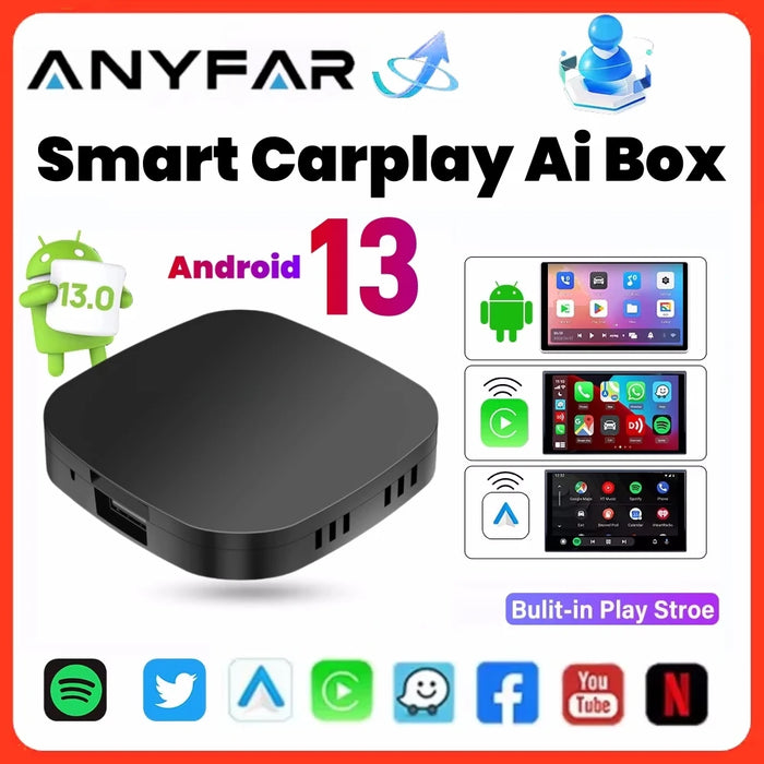 ANYFAR CarPlay AI Box Android 13 – Wireless Android Auto & Smart TV Streaming (YouTube, Netflix), 2GB+16GB / 2GB+32GB, Universal Car Compatibility