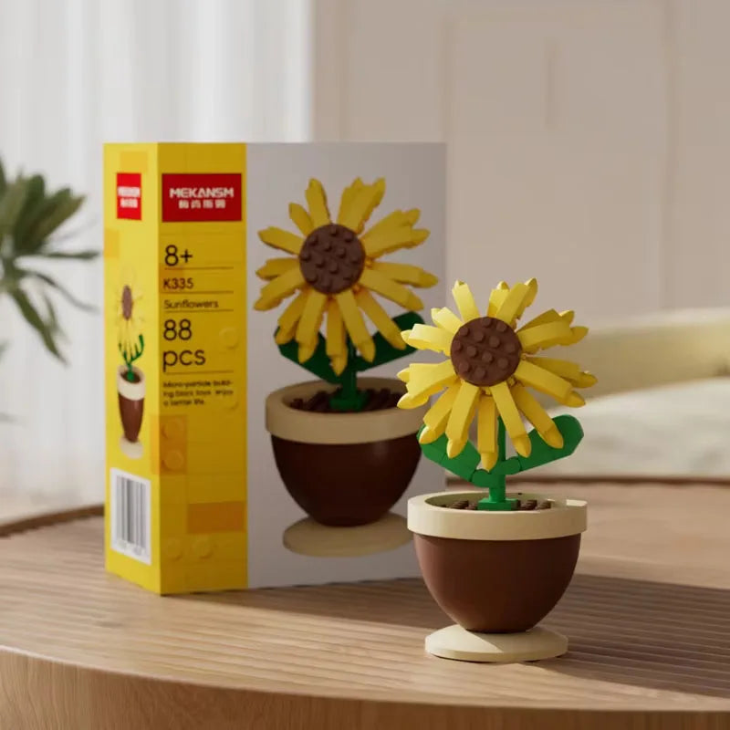 Sunflower Building Block Flower Bouquet – Mini ABS Potted Plant Toy, Floral Desk Decoration, Gift for Girls & Kids, Ages 3+