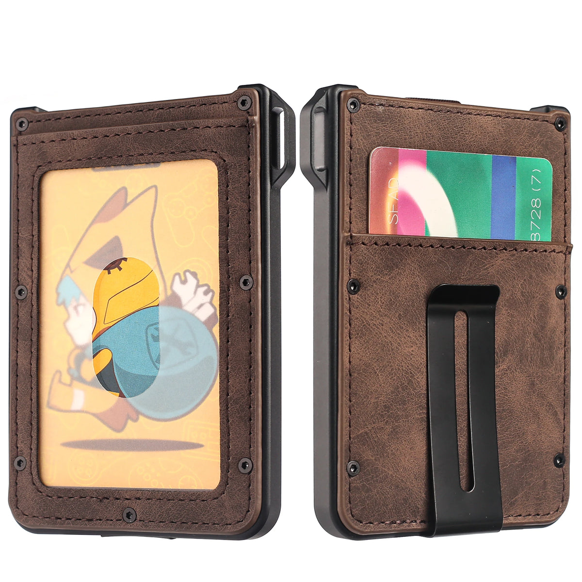 vgucki Aluminum Slim Card Holder Wallet VG-09 – RFID Blocking, Holds 10 Cards, Cash Clip, Clear ID Window | 2 Colors: Carbon Fiber, Dark Brown | Men