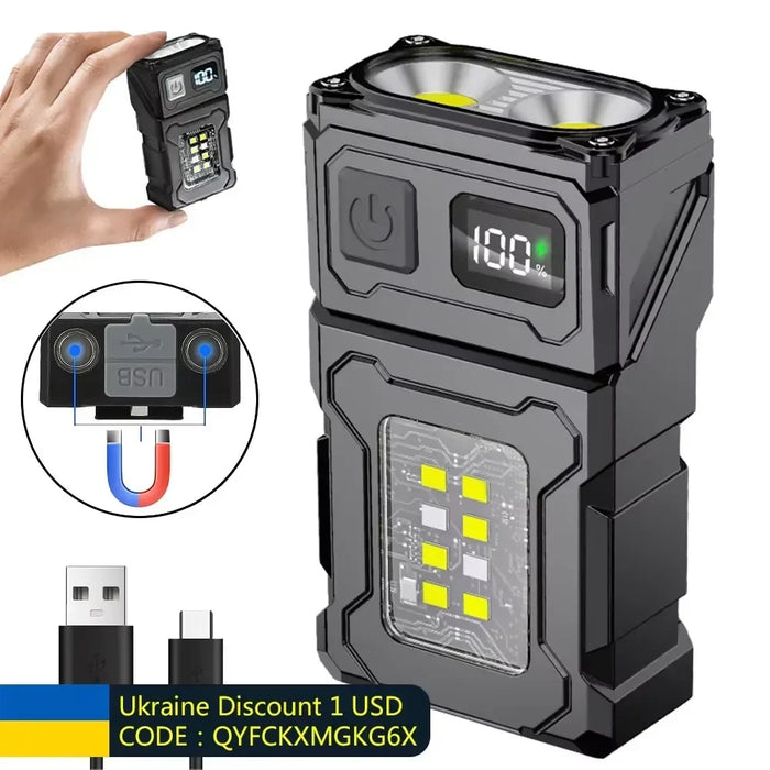 Mini USB Rechargeable LED Flashlight – 300–1200mAh, Tail Magnet, COB Side Light, 5W, Waterproof, 100–200m, 1PC or 2PC Pack