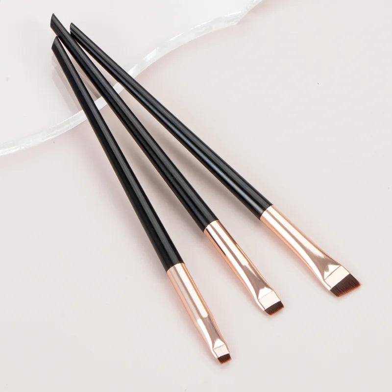 Karsyngirl Blade Eyeliner & Eyebrow Brush Set – 3 Pcs, Wool Fiber, Wooden Handle, Flat Fine Contour, White Gold / Black Gold / Black