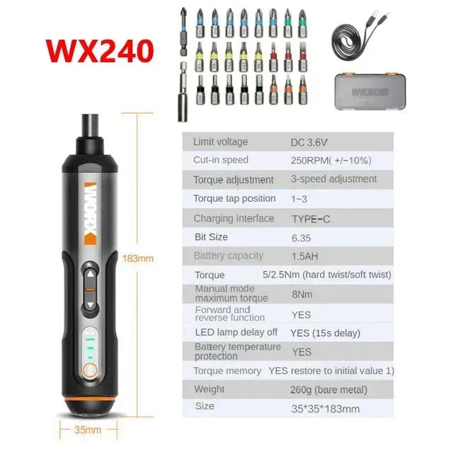 Worx Mini Cordless Electric Screwdriver Set – 2 Models: WX240 & WX242 | 4V | 5N.m | 37.5x190mm | 0.3kg | Home DIY & Repair