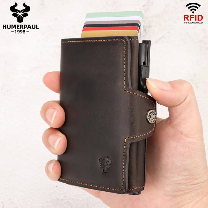 HUMERPAUL Genuine Cow Leather Pop-Up Wallet bp706 – RFID Blocking, Money Pocket | 5 Colors: Brown, Green, Black, Coffee, Red | Slim Metal Card Case