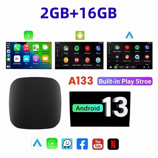 ANYFAR CarPlay AI Box Android 13 – Wireless Android Auto & Smart TV Streaming (YouTube, Netflix), 2GB+16GB / 2GB+32GB, Universal Car Compatibility