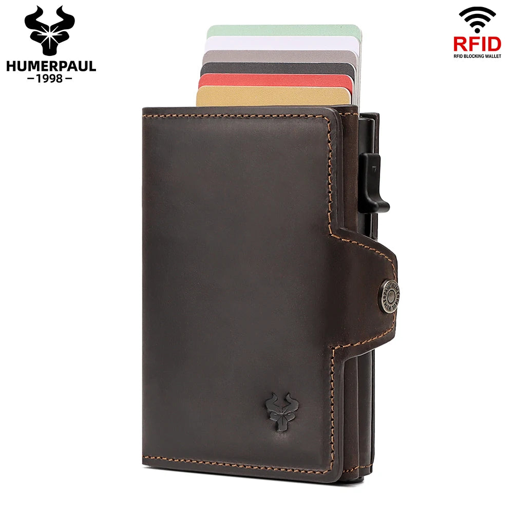 HUMERPAUL Genuine Cow Leather Pop-Up Wallet bp706 – RFID Blocking, Money Pocket | 5 Colors: Brown, Green, Black, Coffee, Red | Slim Metal Card Case