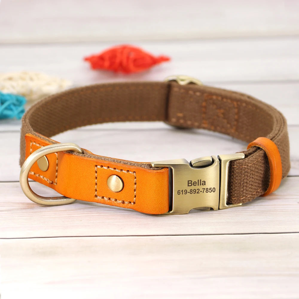 Personalized Dog Collar & Leash Set, Nylon & Genuine Leather, S/M/L, Custom Name Engraving, 6 Colors, Collar Only / Leash Only / Full Set