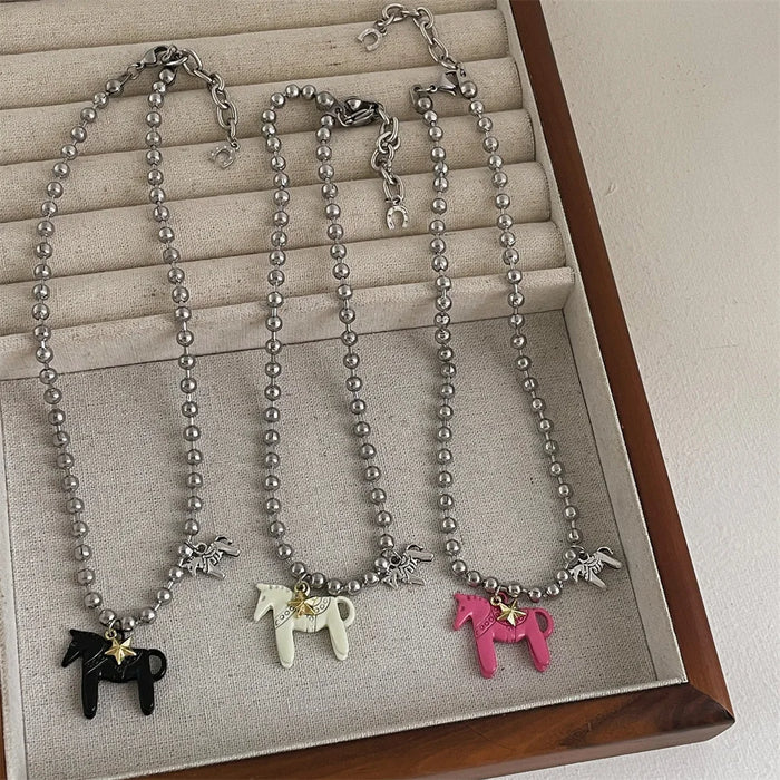 Enamel Horse Pendant Necklace for Women, Silver Plated Zinc Alloy, Link Chain, 5 Colors, REACH Certified, Party & Daily Wear