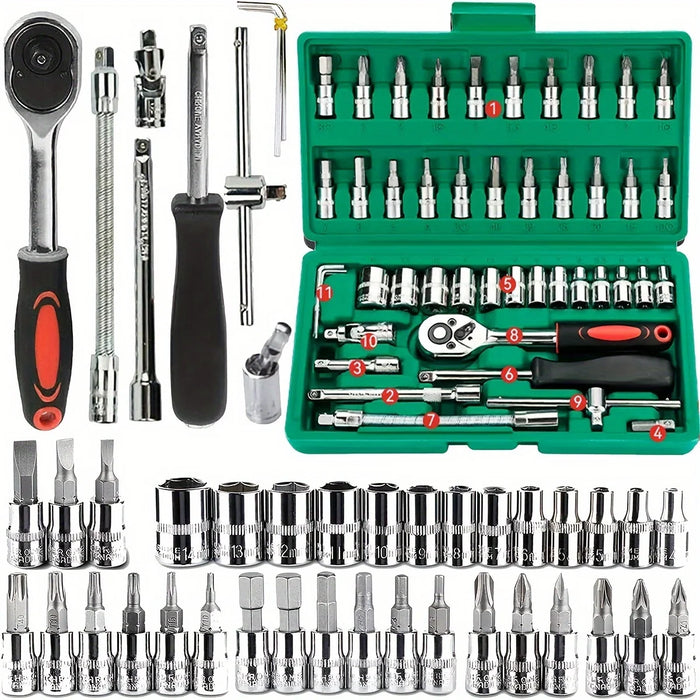 46-Piece Mechanic Tool Kit with 1/4" Ratchet Wrench, Metric & Inch Sockets, Hex Bit Socket Set – For Auto Repair, Car Maintenance & Home DIY | Metal | 19 Color Options x 5 Size Options