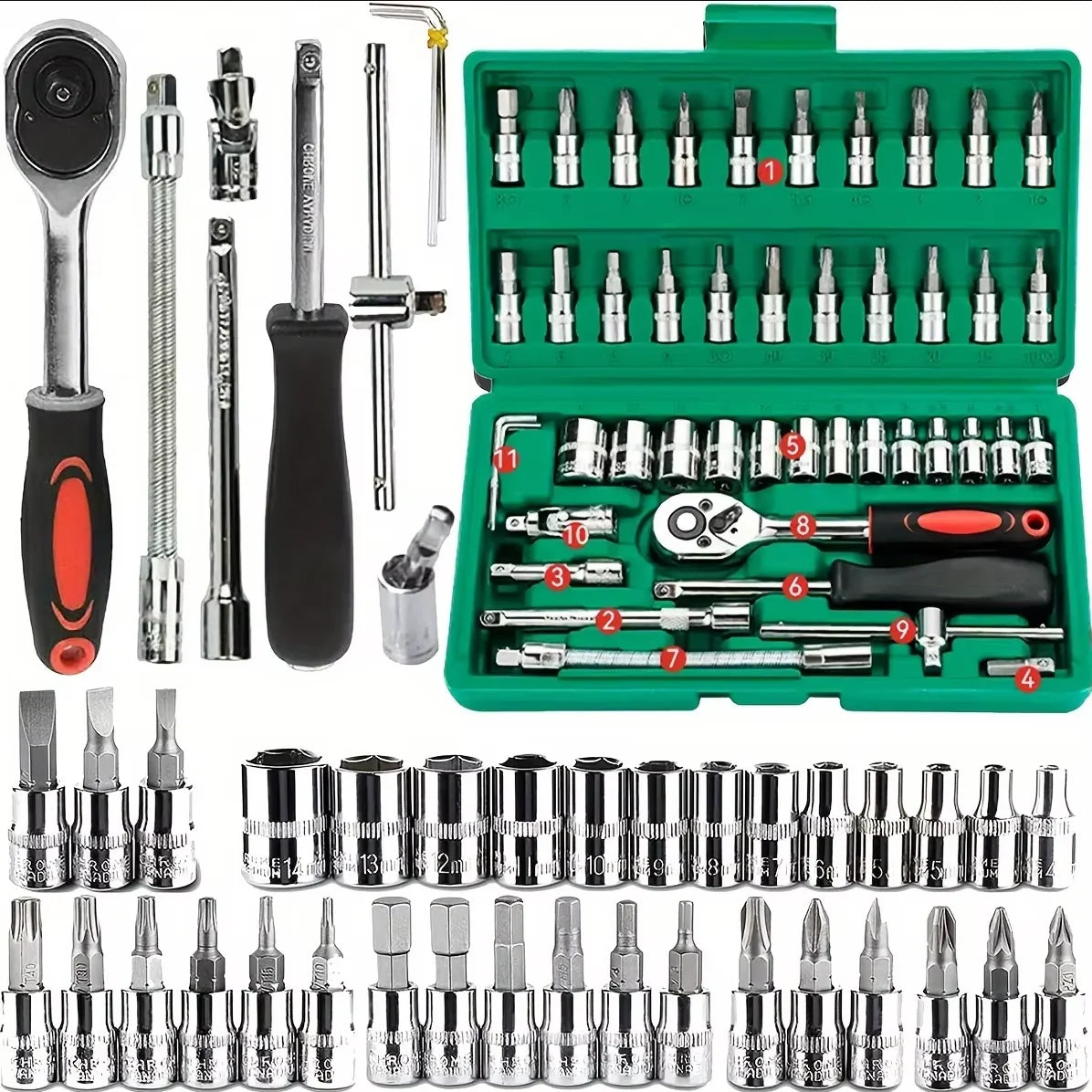 46-Piece Mechanic Tool Kit with 1/4" Ratchet Wrench, Metric & Inch Sockets, Hex Bit Socket Set – For Auto Repair, Car Maintenance & Home DIY | Metal | 19 Color Options x 5 Size Options