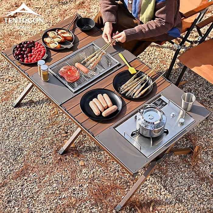 Hispeed Folding Outdoor IGT Camping Table – Portable Wood Table with Gas Stove, BBQ Grill & Picnic Options, Medium & Large