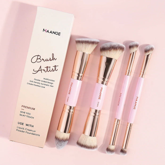 MAANGE 4-Piece Makeup Brush Set with Box – Dual-Ended Synthetic Hair, Wooden Handle, Foundation, Powder, Blush & Eyeshadow, Beginner & Travel, 4 Colors