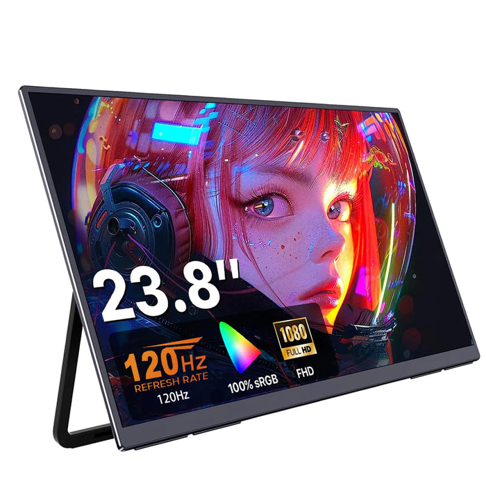 AHXJKA 23.8 Portable Monitor – 1920x1080, IPS, 120Hz, HDR, 100% sRGB, 300 nit, 178°, AMD FreeSync, Built-in Speakers, HDMI + USB-C, Matte, 180° Adjustable Stand